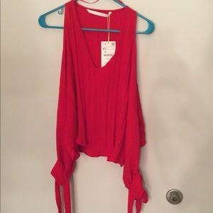 Red Zara cold-shoulder blouse